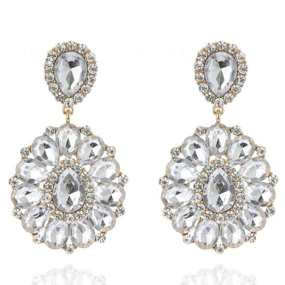Yellow Gold with White Diamond Crystal Chandelier Statement Clip On Earrings
